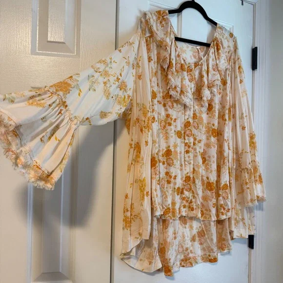 Free People Loretta Tunic Top Oversized Ruffle Tea Combo Floral Boho Chic Medium - Picture 10 of 14